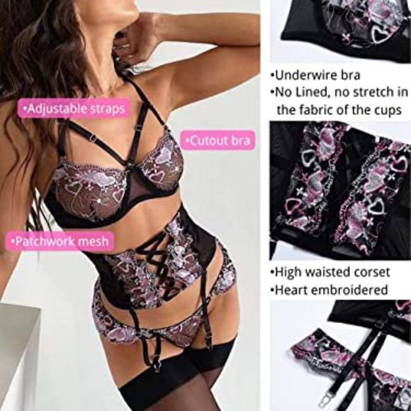 Kaei&Shi Heart Embroidered Mesh Sheer,Underwire,High Waisted Cincher,3 Pieces - Picture 3 of 3